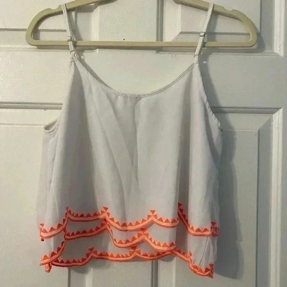 Charlotte Russe White Scalloped Midi Tank Top adjustable straps orange trim Sz M - Picture 2 of 5